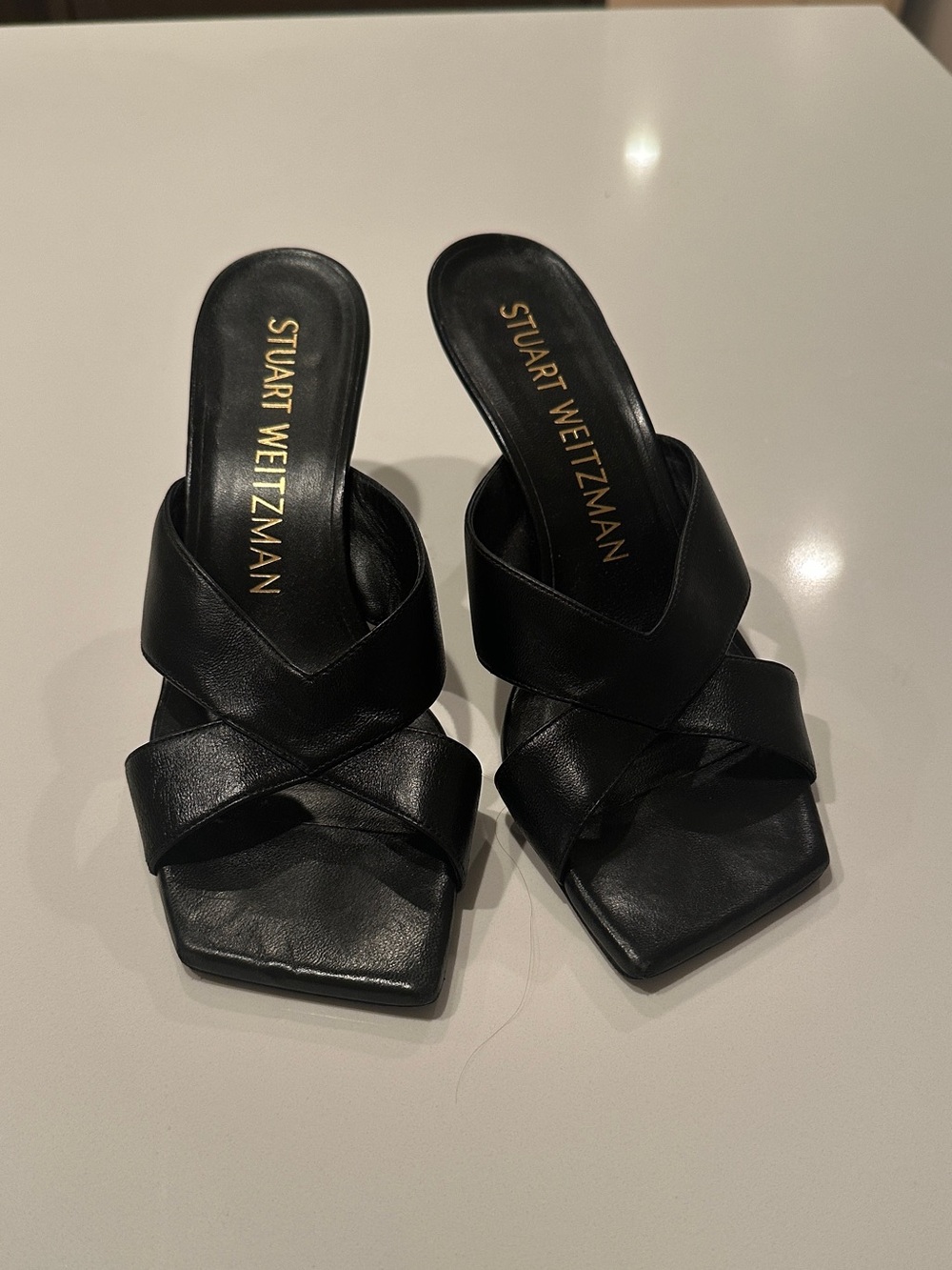 Stuart Weitzman Black Leather Crossover Mule Sandals